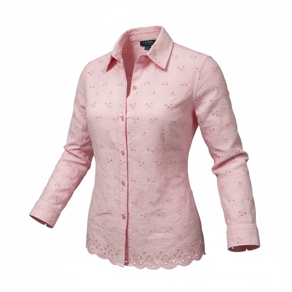 Gorgeous Soft Pink Button-Down Woman's Eyelet Long Sleeve Shirt